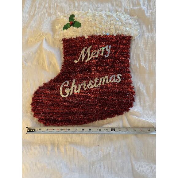 Red Tinsel Stocking Merry Christmas Holiday Decoration Holly Berry Decoration - Picture 3 of 4